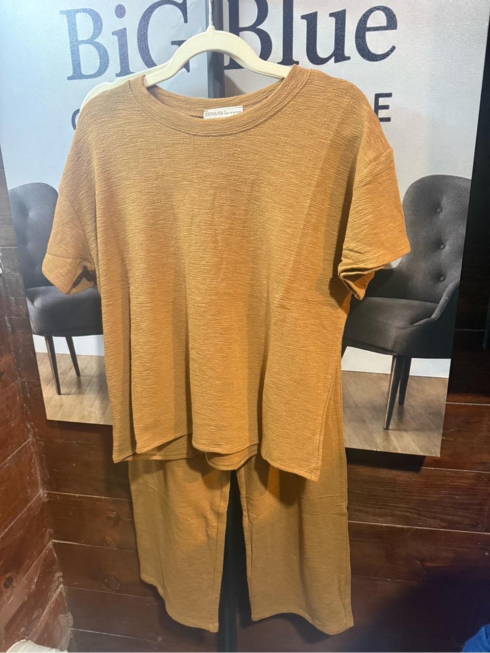 Zenana Outfitters Two-Piece Knit Tee and Wide-Leg Pants - Mustard